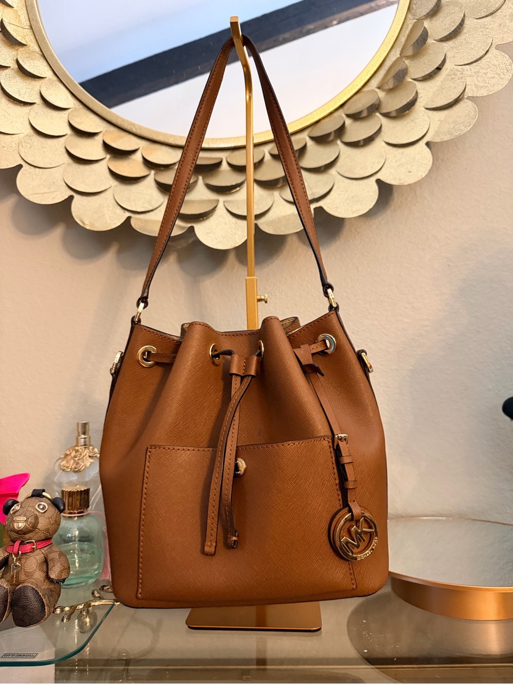 Michael Kors Chestnut Saffiano Leather Mini Drawstring Bucket Bag